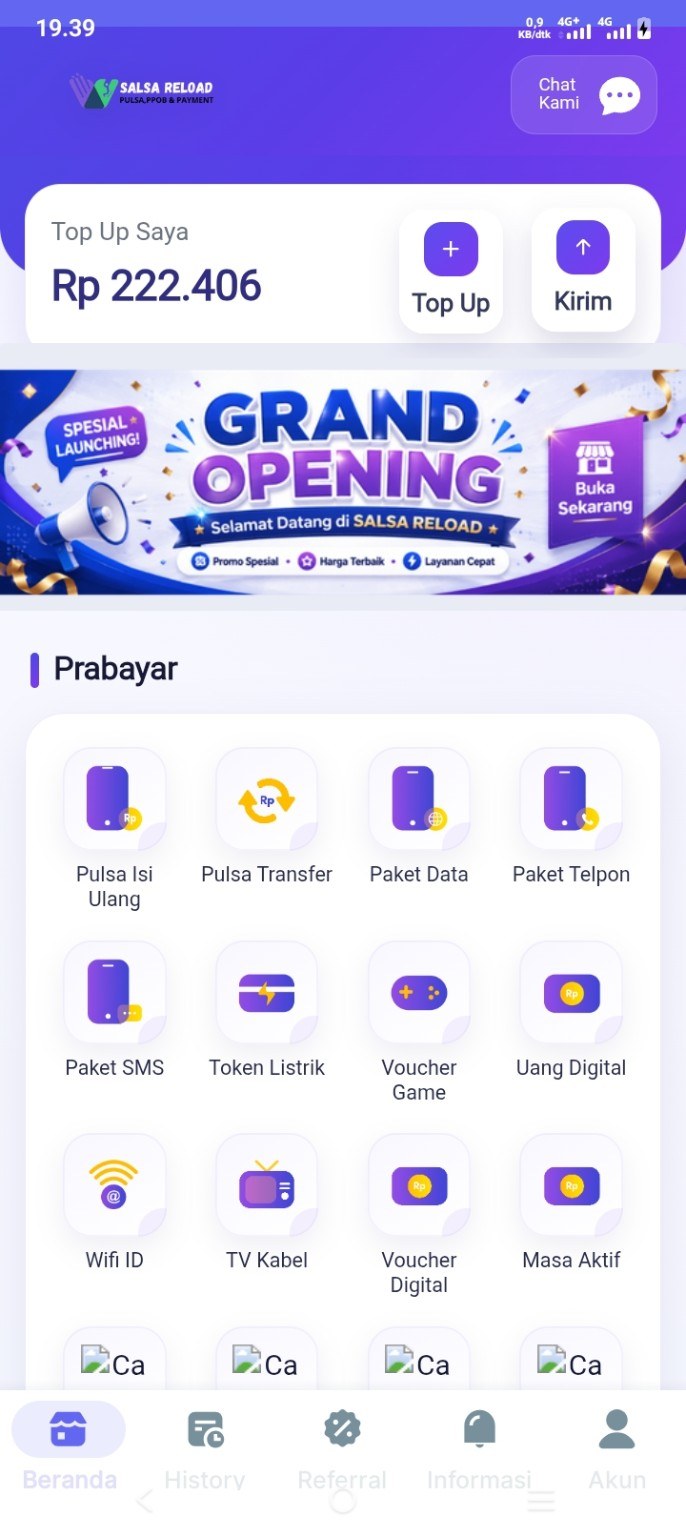 Tampilan aplikasi agen pulsa dan PPOB SALSA Reload